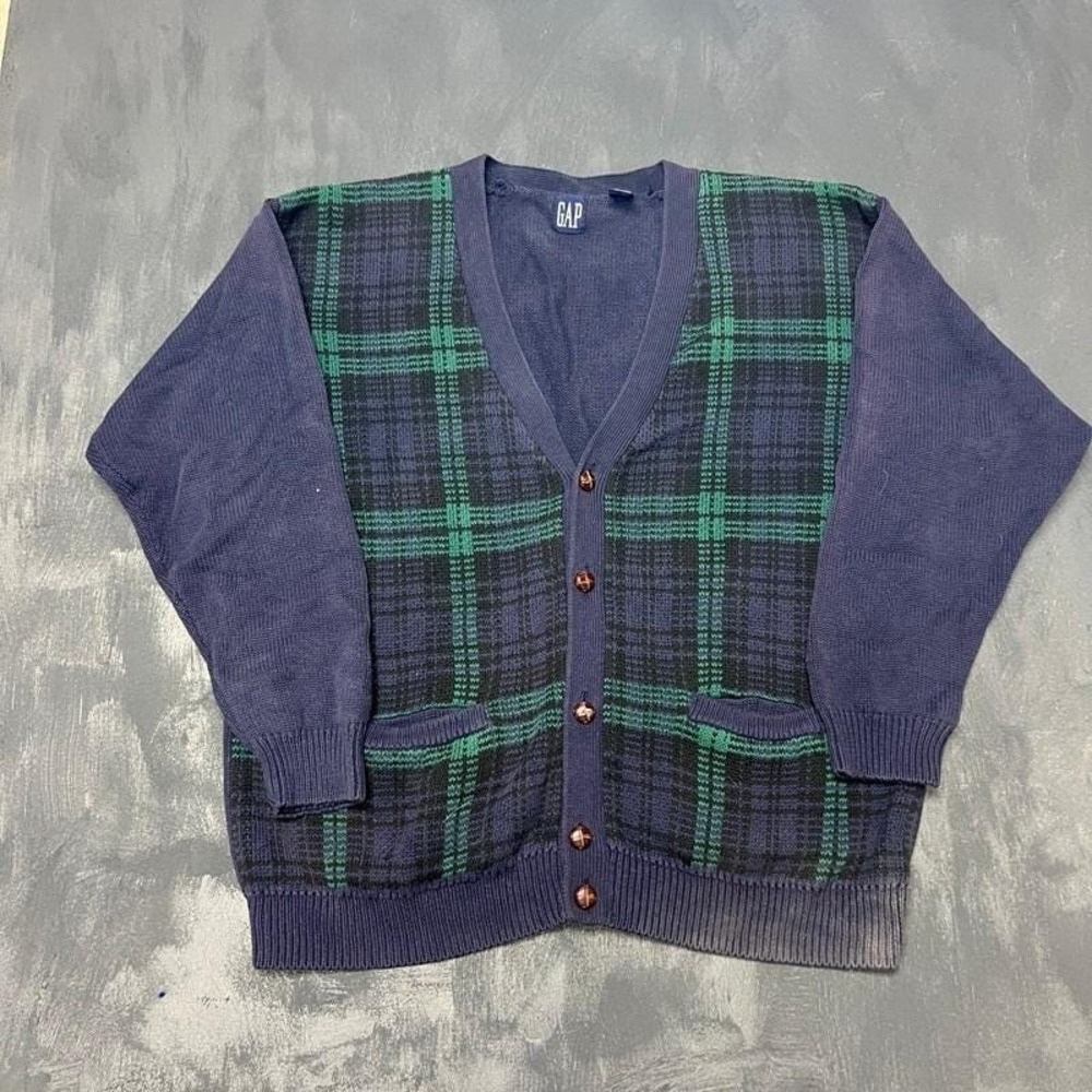 Vintage Gap Plaid Cardigan Mens XL Blue 1990s Sweater